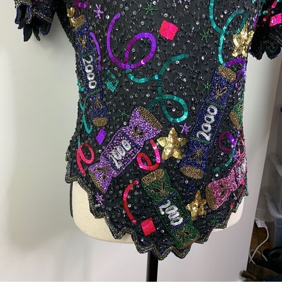 Vintage Lawrence Kazar Y2K New Year’s  Sequin Beaded Silk Top Sz M - Picture 6 of 13